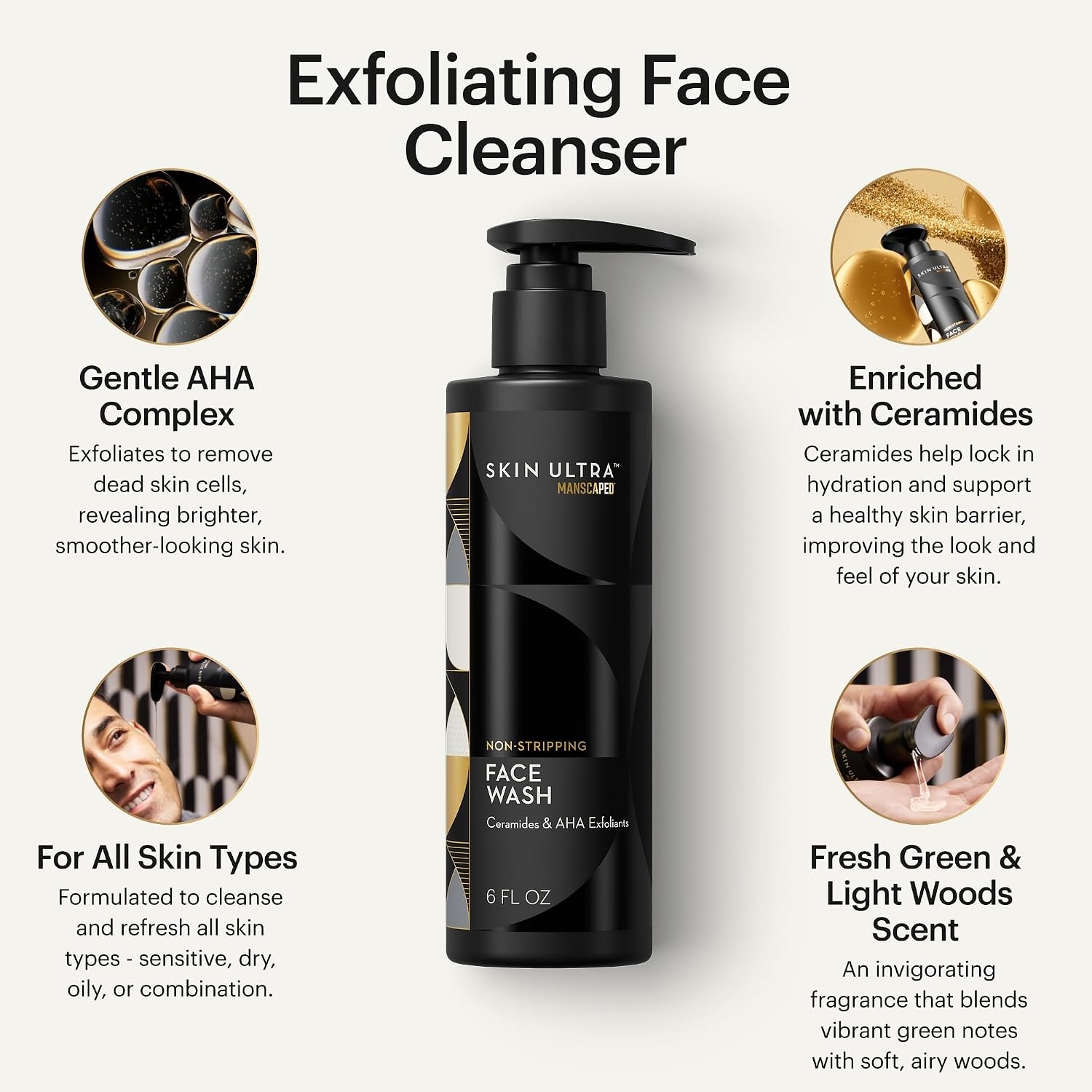 image:imageMANSCAPED Skin Ultra Face Wash Mens Exfoliating Facial Cleanser Enriched with Ceramides for Hydrated Soft Smooth ampamp Brighter Skin AHA Complex for Exfoliation NonIrritating Formula 6 fl oz6 Fl Oz Pack of 1