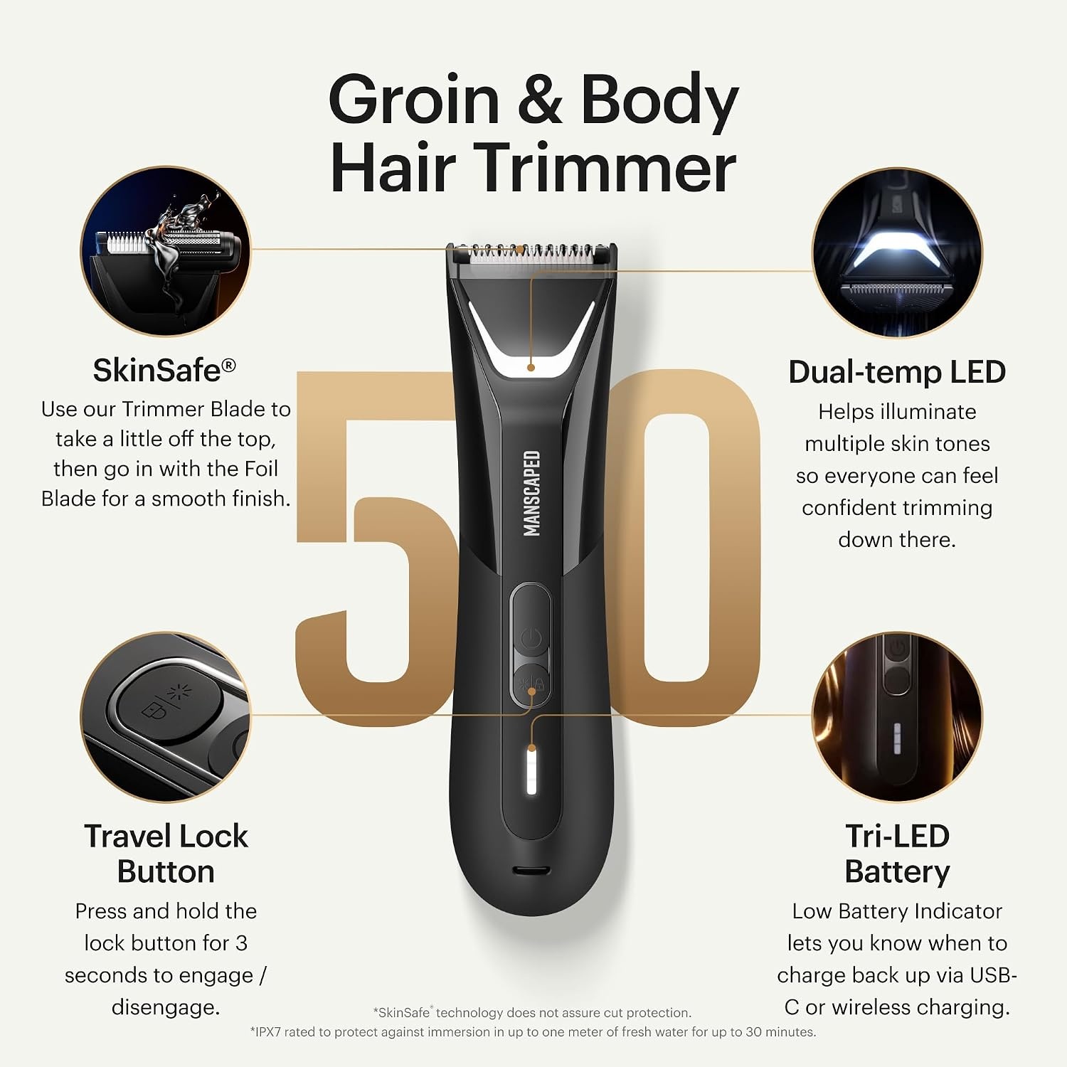 image:imageMANSCAPED The Lawn Mower 50 Ultra Groin ampamp Body Hair Trimmer DualHead SkinSafe Trimmer ampamp Foil Blades Waterproof WetDry Groomer USBC Rechargeable with Travel Case Mens Ball Shaver BlackTuxedo Black