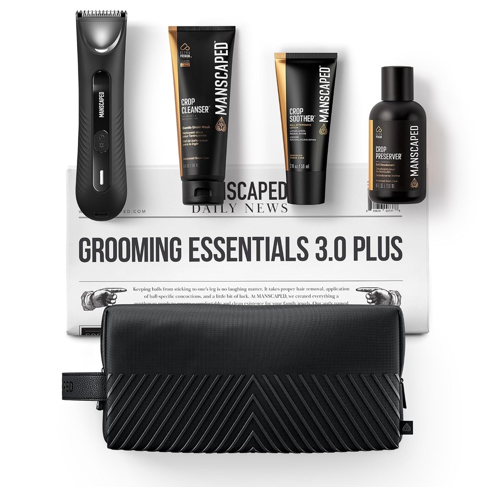 image:imageMANSCAPED Grooming Essentials 30 Plus Routine with The Lawn Mower 30 Plus Mens Groin Hair Trimmer Crop Preserver Ball Deodorant Crop Cleanser Crop Soother Aftershave Shed 20 Toiletry Bag